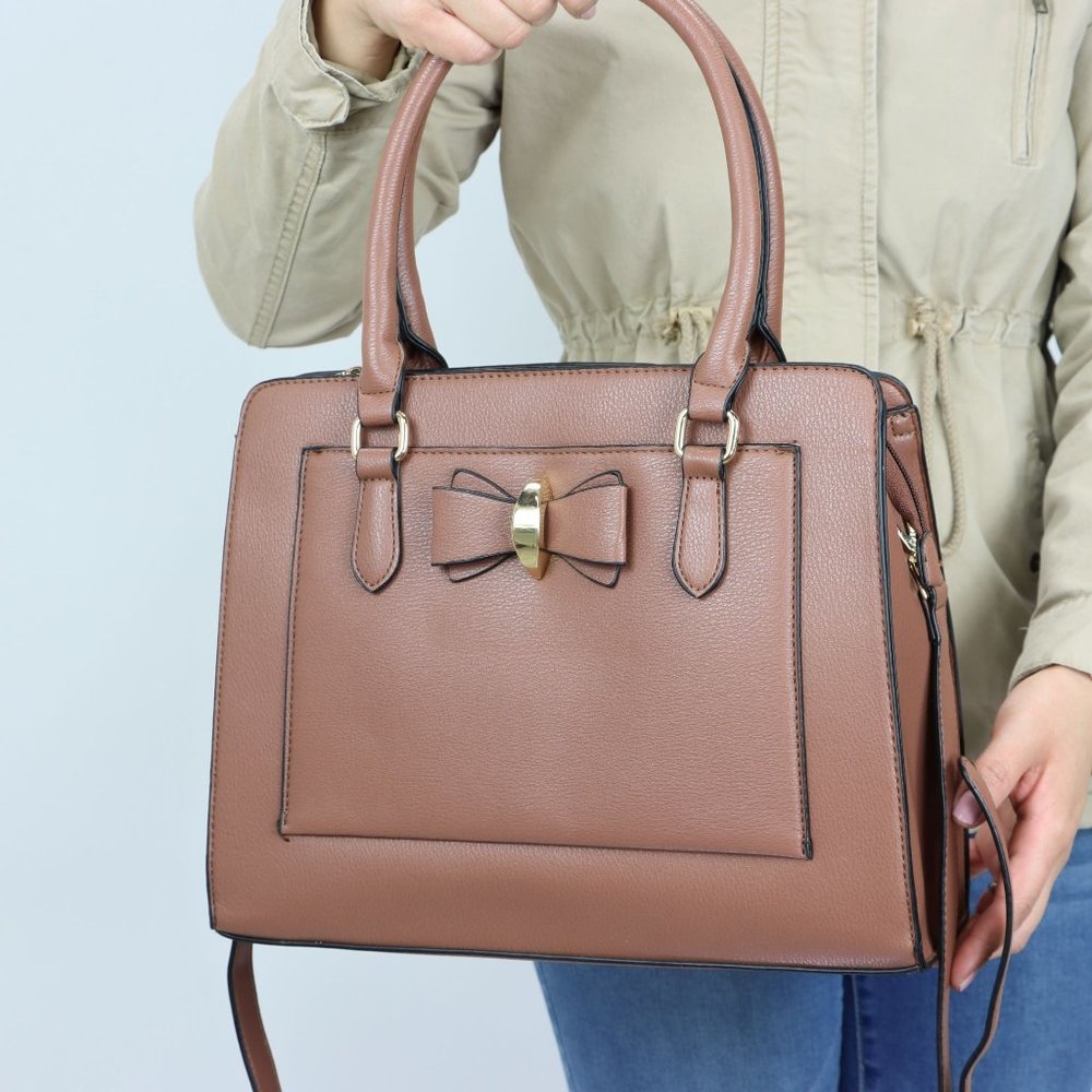 Brown Faux Leather Purse Cute Bow Accent Tote Cross Body Shoulder Hand Bag - Picture 9 of 12